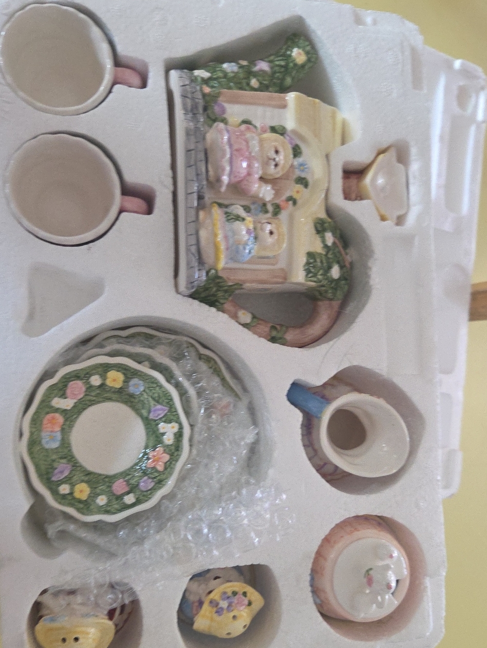 Hand-Painted 1993 Chilren's Miniature Tea Set with Floral, Ribbons and Bears
